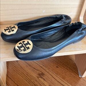 Tory Burch Black Flats with Gold Logo